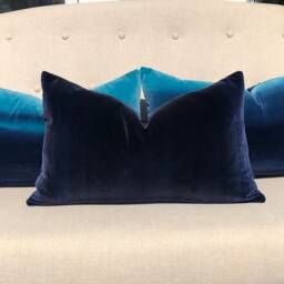 Harlequin Designer Velvet Pillow in Cocoa, Lagoon, Blueberry. Amazilia Lumbar Cover Tan, Aqua Blue, Indigo - thumbnail 2