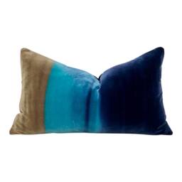 Harlequin Designer Velvet Pillow in Cocoa, Lagoon, Blueberry. Amazilia Lumbar Cover Tan, Aqua Blue, Indigo - thumbnail 1