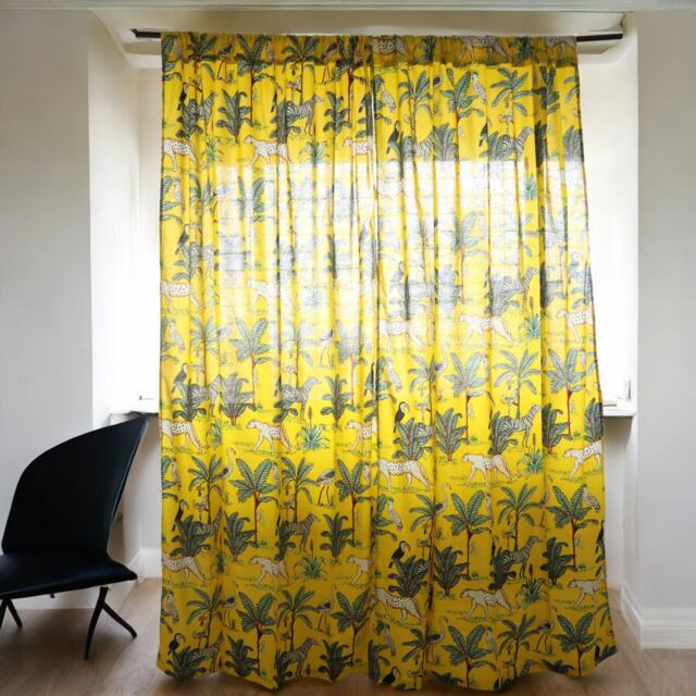 Tropical Rainforest Curtain Panels Leopard, Zebra & Bird Print Cotton Drapes - image 1