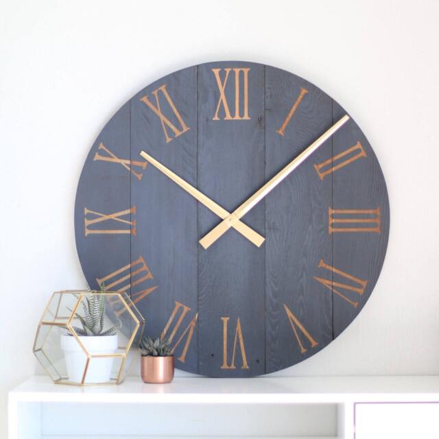 Large Navy Barn Wood Wall Clock Gold Roman Numerals, Silent Sweep - image 1