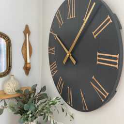 Large Navy Barn Wood Wall Clock Gold Roman Numerals, Silent Sweep - thumbnail 3