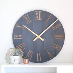 Large Navy Barn Wood Wall Clock Gold Roman Numerals, Silent Sweep