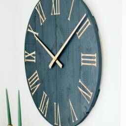 Large Navy Barn Wood Wall Clock Gold Roman Numerals, Silent Sweep - thumbnail 4