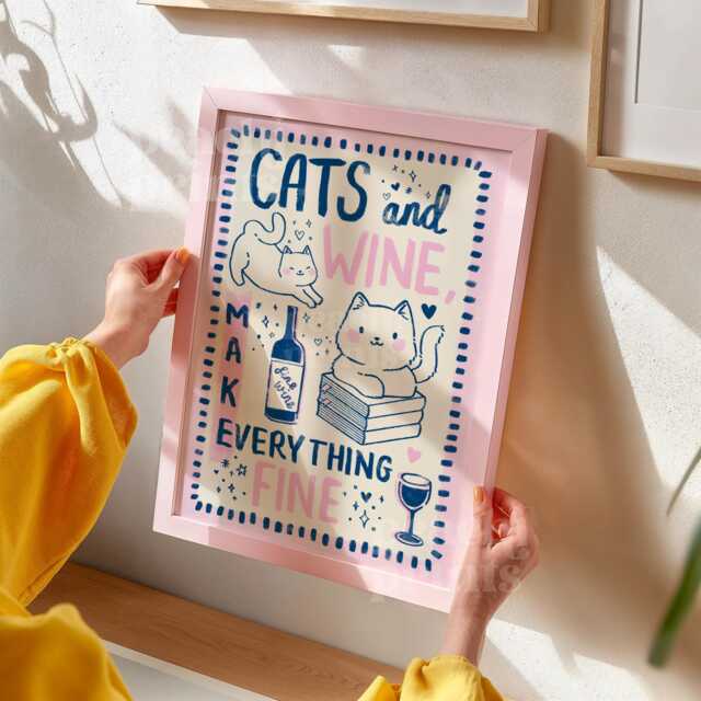 Cats & Wine Art Print Funny Kitchen Poster, Cat Lover Gift - image 1