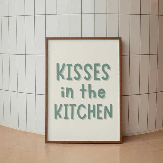 Sage Kisses in The Kitchen Print - A3 A4 A5 Print, Cute Quotes, & Dishes Cosy Wall Art Prints - image 1