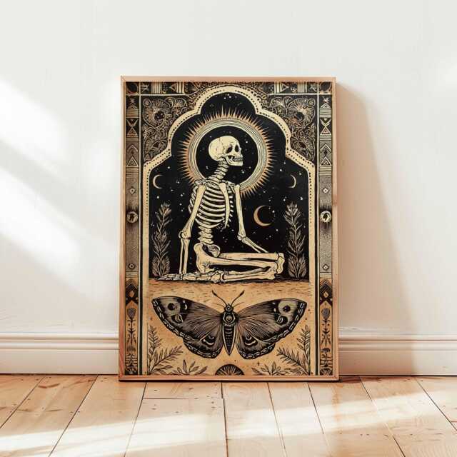 Gothic Skeleton Poster, Dark Angel Wall Art, Celestial Decor, Occult Print, Moon Phase Art Illustration - image 1