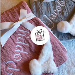 Personalised Baby Twins Set Of 2 Cable Knit Blankets -Italic Name Embroidered Pom Pom/Sherpa Reverse