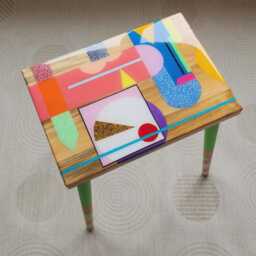 Pink Modern Abstract Epoxy Accent Table, Handmade Wooden Vivid Resin Side Table - thumbnail 4