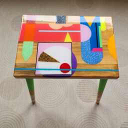 Pink Modern Abstract Epoxy Accent Table, Handmade Wooden Vivid Resin Side Table - thumbnail 2
