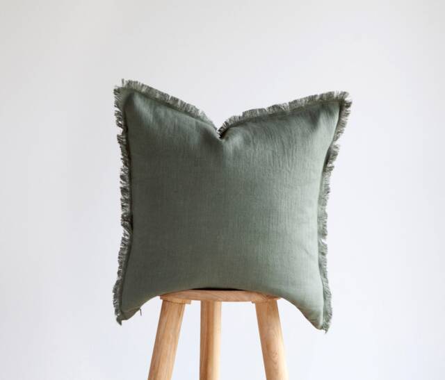 Sage Green Fringe Pillow Cover, Linen Pillowcase, Raw Edge Cushion Cover, Custom Size Pillow Green Shams With - image 1