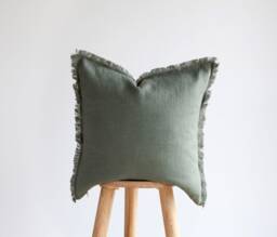 Sage Green Fringe Pillow Cover, Linen Pillowcase, Raw Edge Cushion Cover, Custom Size Pillow Green Shams With
