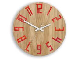 Wall Clock With Red Numbers, Silent Wood Clock, Unique Modern Slim_Wood_Red