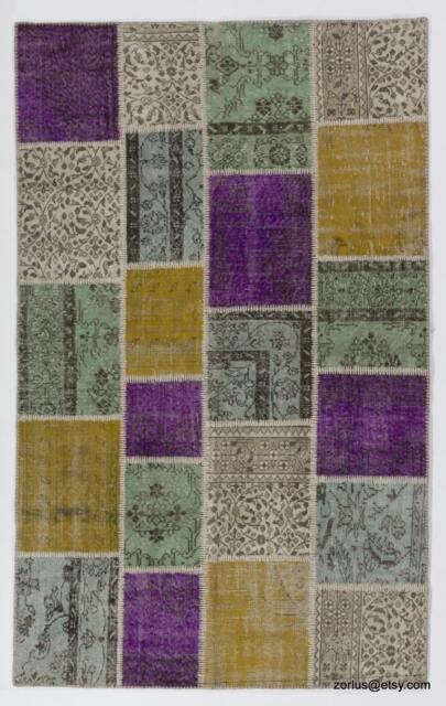 Multicolor Handmade Turkish Patchwork Rug, Purple, Ice Blue, Mustard Yellow & Beige - image 1
