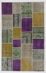 Multicolor Handmade Turkish Patchwork Rug, Purple, Ice Blue, Mustard Yellow & Beige - thumbnail 1