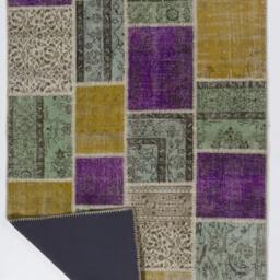 Multicolor Handmade Turkish Patchwork Rug, Purple, Ice Blue, Mustard Yellow & Beige - thumbnail 2