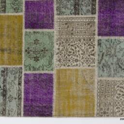 Multicolor Handmade Turkish Patchwork Rug, Purple, Ice Blue, Mustard Yellow & Beige - thumbnail 3