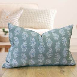 Chatsworth Xl Rectangular Linen-Blend Cushion in Duck Egg Blue. Geometric Floral Paisley Design On A Linen Mix Background. 23X15 - thumbnail 1
