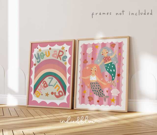 Girl Print Set Of 2 in Bright Colours, Colourful Mermaids & Rainbow Children's Bedroom Decor, Green Pink, You Are Amazing Positivity - image 1