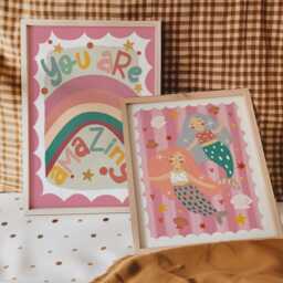 Girl Print Set Of 2 in Bright Colours, Colourful Mermaids & Rainbow Children's Bedroom Decor, Green Pink, You Are Amazing Positivity - thumbnail 2