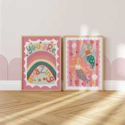 Girl Print Set Of 2 in Bright Colours, Colourful Mermaids & Rainbow Children's Bedroom Decor, Green Pink, You Are Amazing Positivity - thumbnail 3