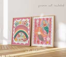 Girl Print Set Of 2 in Bright Colours, Colourful Mermaids & Rainbow Children's Bedroom Decor, Green Pink, You Are Amazing Positivity - thumbnail 1