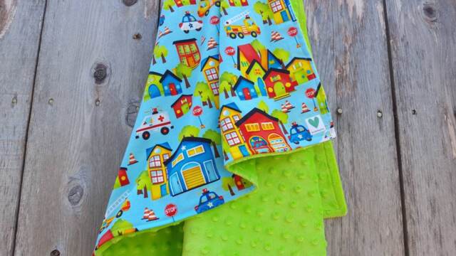 Fire Truck Baby Blanket, Lime Green Minky, Cotton Fabric - image 1