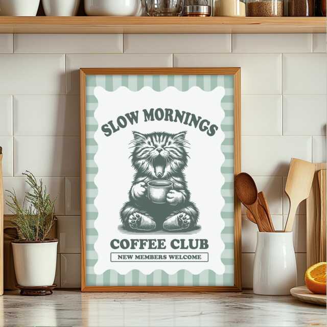 Slow Mornings Coffee Club Print, Cats & Wall Art, Lovers Cat Print - image 1