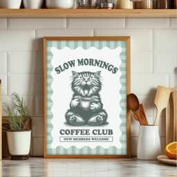 Slow Mornings Coffee Club Print, Cats & Wall Art, Lovers Cat Print - thumbnail 1