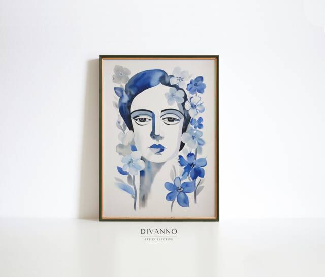 Modern Portrait Print, Blue Woman Wall Art, Floral Canvas, Poster, Printable Gift, Digital Download, Trendy Home Decor, Art Room - image 1