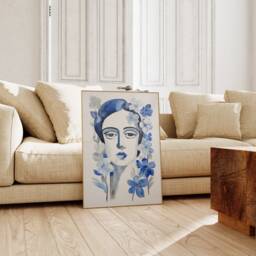 Modern Portrait Print, Blue Woman Wall Art, Floral Canvas, Poster, Printable Gift, Digital Download, Trendy Home Decor, Art Room - thumbnail 3