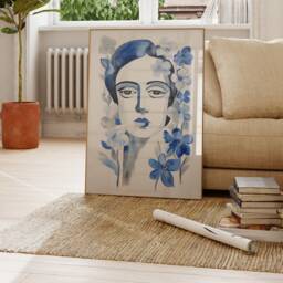 Modern Portrait Print, Blue Woman Wall Art, Floral Canvas, Poster, Printable Gift, Digital Download, Trendy Home Decor, Art Room - thumbnail 2