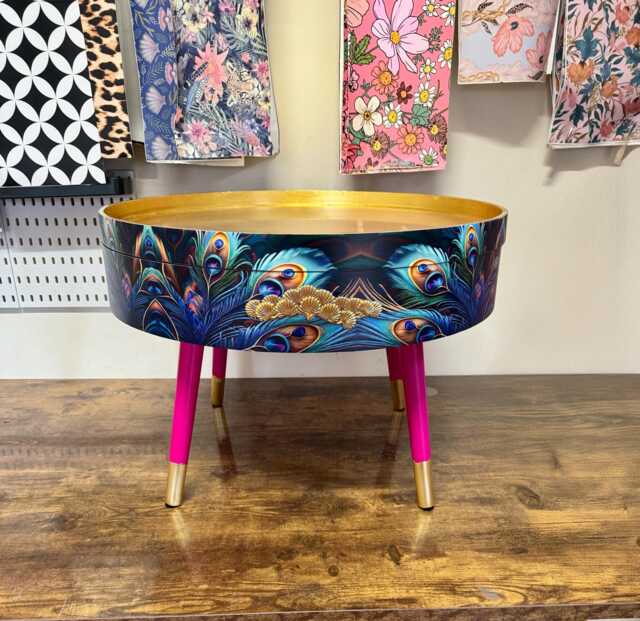 Round Coffee Table , Peacock Design, Blue, Teal & Turquoise Feathers. Bright Pink Gold, Lift Off Top For Storage. End Lounge - image 1