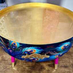 Round Coffee Table , Peacock Design, Blue, Teal & Turquoise Feathers. Bright Pink Gold, Lift Off Top For Storage. End Lounge - thumbnail 2