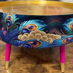Round Coffee Table , Peacock Design, Blue, Teal & Turquoise Feathers. Bright Pink Gold, Lift Off Top For Storage. End Lounge - thumbnail 3