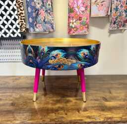 Round Coffee Table , Peacock Design, Blue, Teal & Turquoise Feathers. Bright Pink Gold, Lift Off Top For Storage. End Lounge
