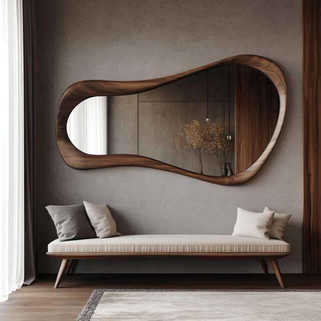 Asymmetric Solid Wood Mirror, Rustic Bathroom & Living Room Decor, Walnut Frame - image 1