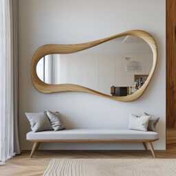 Asymmetric Solid Wood Mirror, Rustic Bathroom & Living Room Decor, Walnut Frame - thumbnail 3
