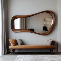Asymmetric Solid Wood Mirror, Rustic Bathroom & Living Room Decor, Walnut Frame - thumbnail 2