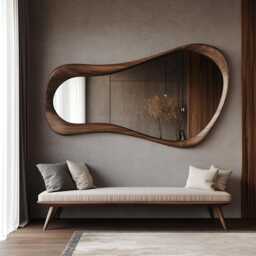 Asymmetric Solid Wood Mirror, Rustic Bathroom & Living Room Decor, Walnut Frame - thumbnail 1