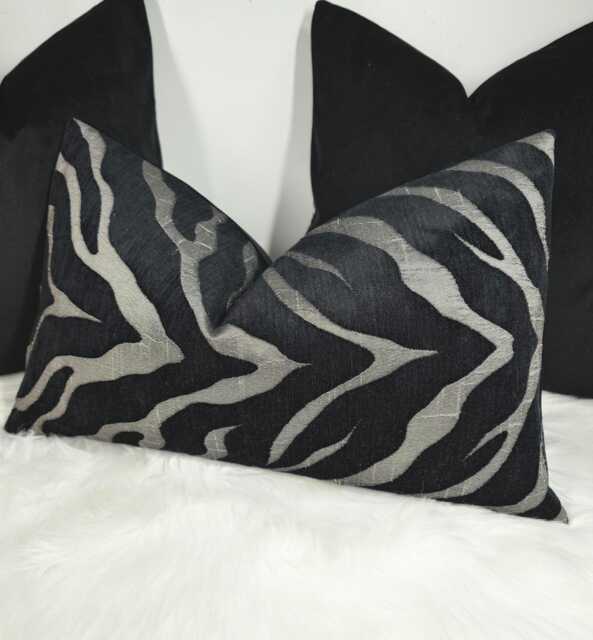 "Black Charcoal Silver Tiger Print Lumbar Pillow Cover - Velvet Backed Cushion - 12""x20" - image 1