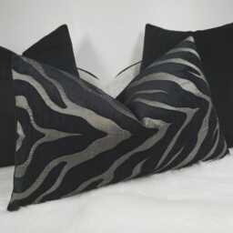 "Black Charcoal Silver Tiger Print Lumbar Pillow Cover - Velvet Backed Cushion - 12""x20" - thumbnail 4