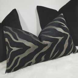 "Black Charcoal Silver Tiger Print Lumbar Pillow Cover - Velvet Backed Cushion - 12""x20" - thumbnail 2