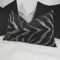 "Black Charcoal Silver Tiger Print Lumbar Pillow Cover - Velvet Backed Cushion - 12""x20" - thumbnail 3