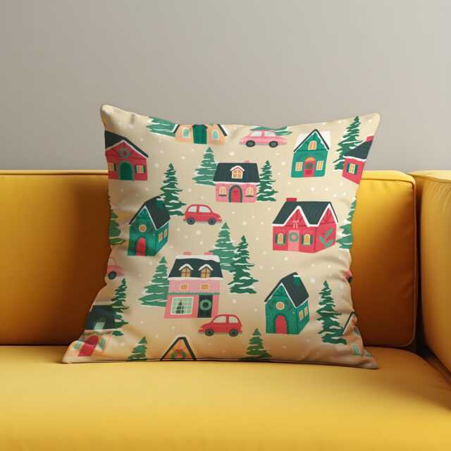 Holiday Village Cushion Cover, Cute Winter Houses & Cars Throw Pillow Case On Beige, Festive Christmas Decor For Sofa, Entryway Or Kids Room - image 1