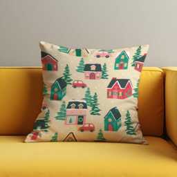 Holiday Village Cushion Cover, Cute Winter Houses & Cars Throw Pillow Case On Beige, Festive Christmas Decor For Sofa, Entryway Or Kids Room