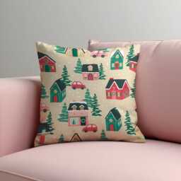 Holiday Village Cushion Cover, Cute Winter Houses & Cars Throw Pillow Case On Beige, Festive Christmas Decor For Sofa, Entryway Or Kids Room - thumbnail 3