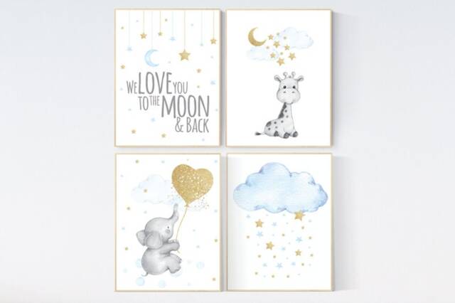Blue & Gold Nursery Prints Elephant, Moon, Stars Wall Art - image 1