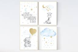 Blue & Gold Nursery Prints Elephant, Moon, Stars Wall Art - thumbnail 1