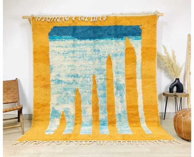 Mustard Yellow Moroccan Rug With Aqua Abstract Stripes, Handmade Berber Shag Rug, Modern Boho Wool Carpet, Area 8x10 - image 1