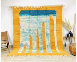 Mustard Yellow Moroccan Rug With Aqua Abstract Stripes, Handmade Berber Shag Rug, Modern Boho Wool Carpet, Area 8x10